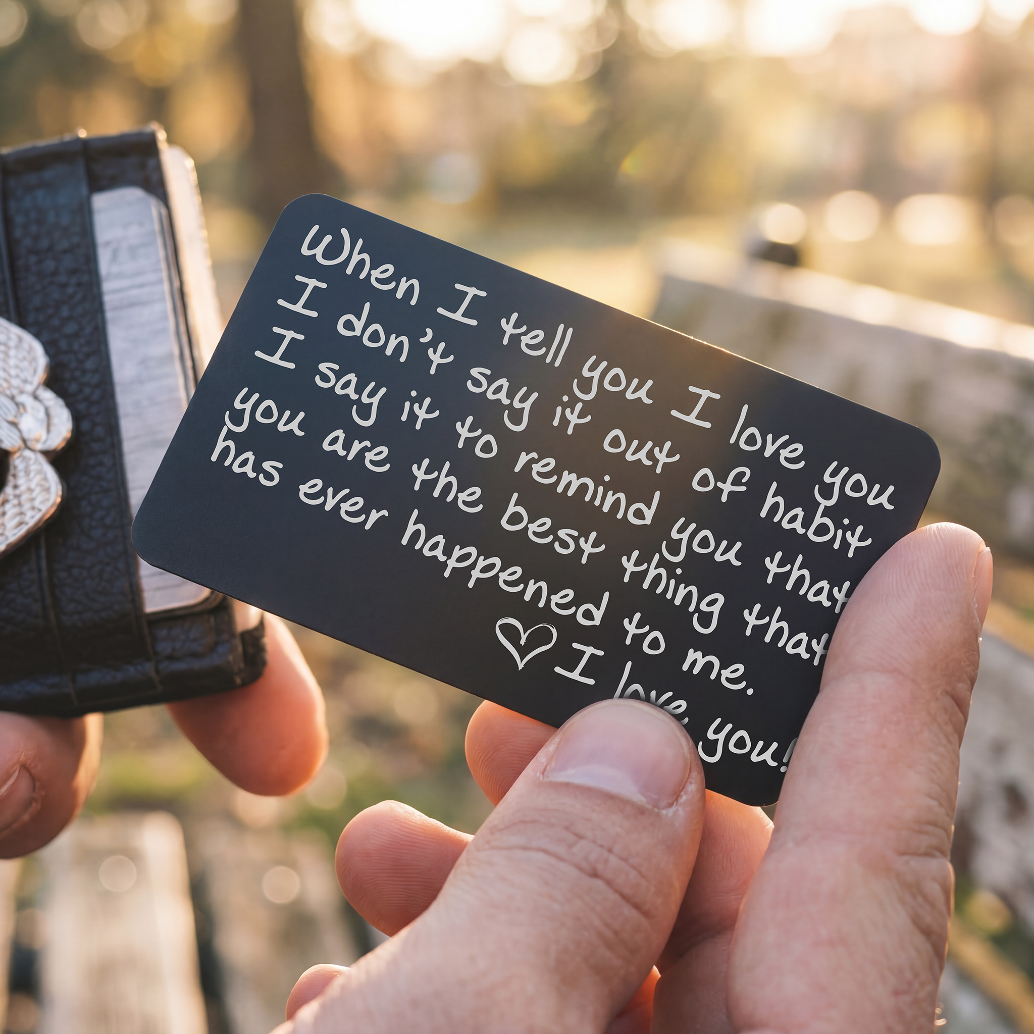Personalized laser-engraved wallet card with romantic message — anniversary gift for him