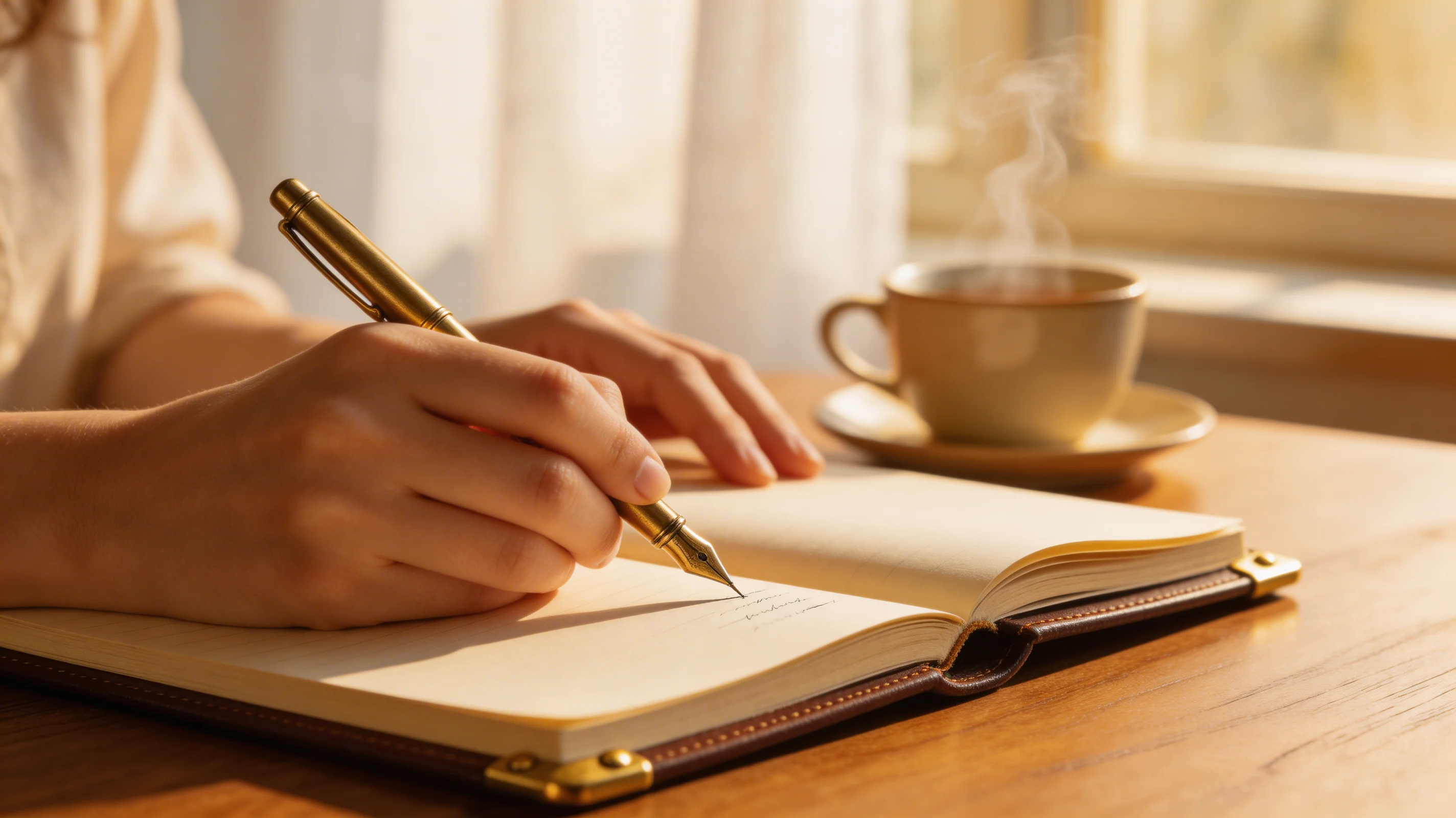 A woman writing in a leather journal with a brass pen in warm morning light