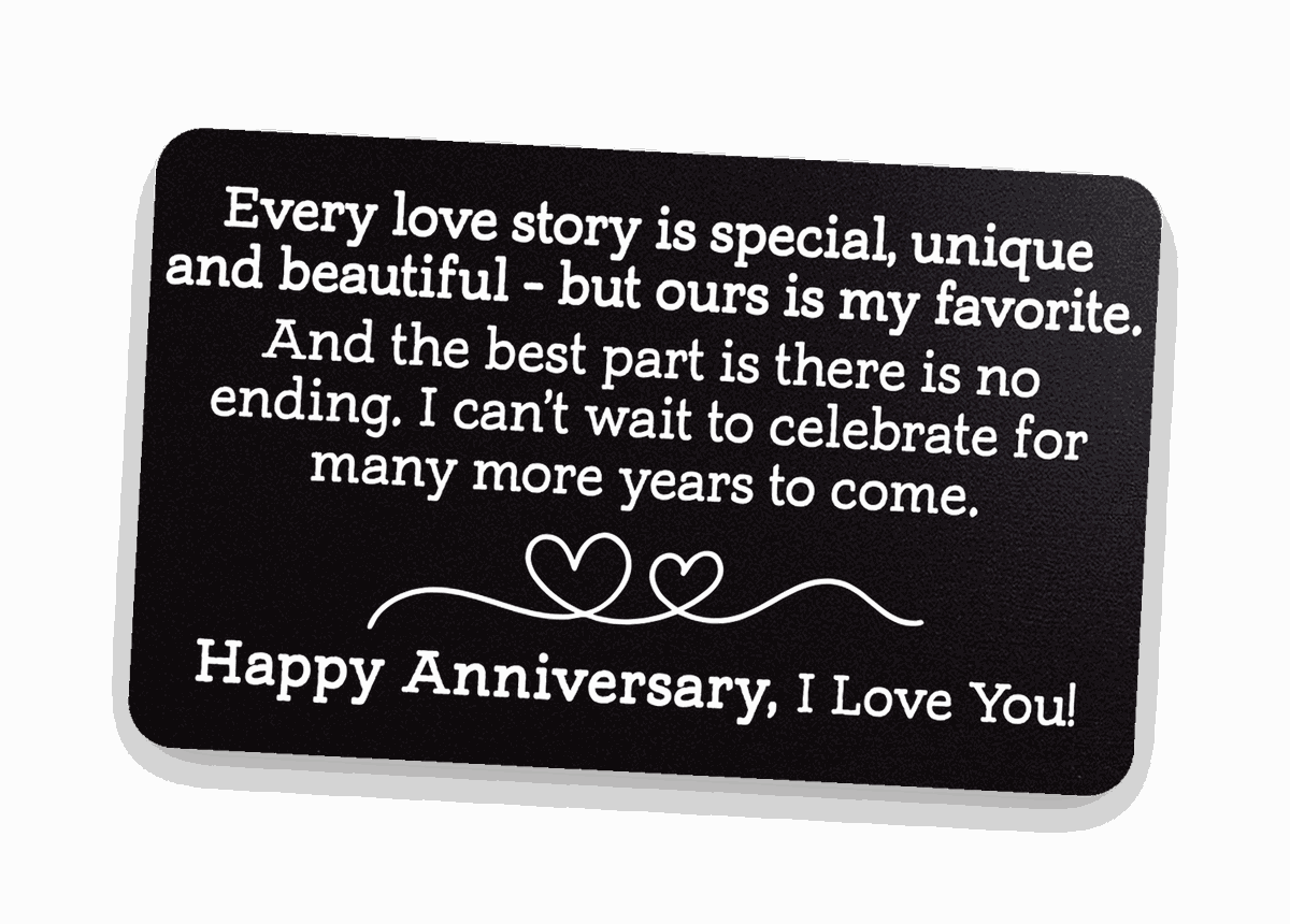 Black engraved 'Happy Anniversary, I Love You' metal wallet card on warm linen — 6th anniversary (iron) keepsake gift