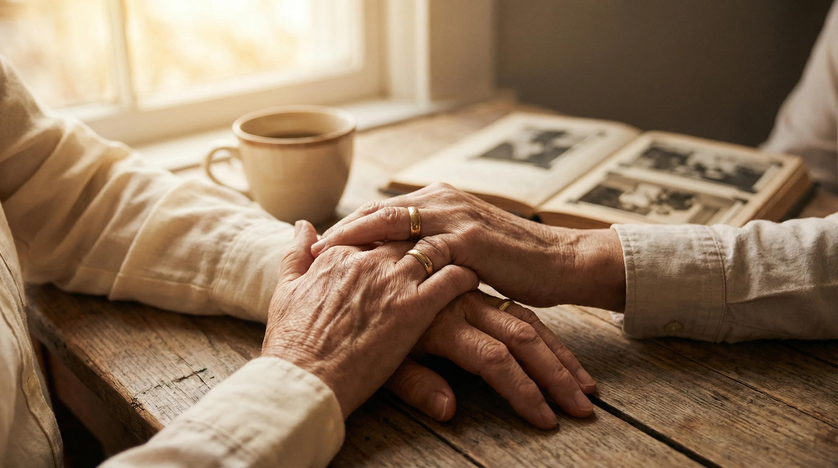 A couple's intertwined hands with worn wedding rings on a warm wooden table