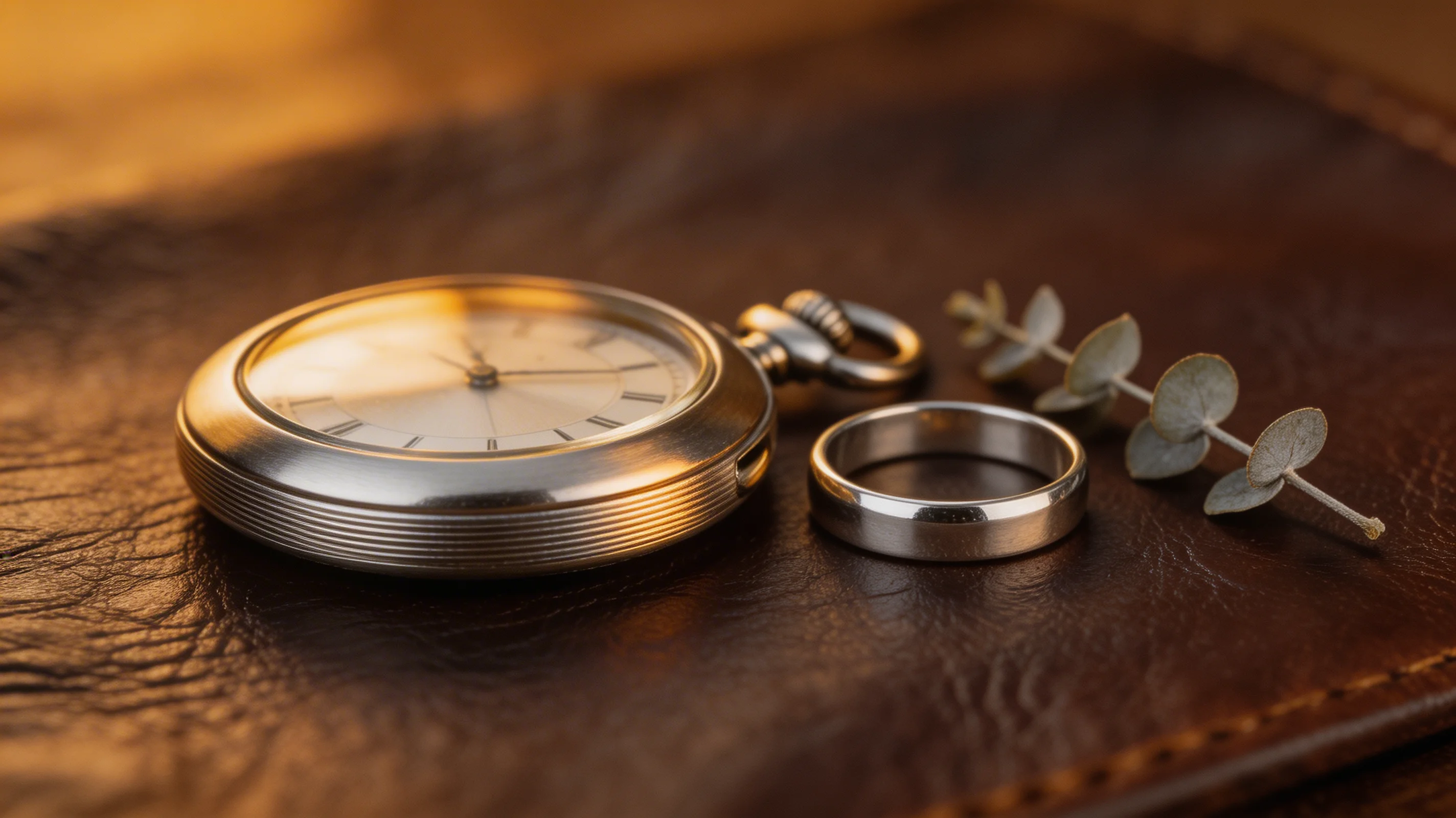 A polished steel pocket watch on dark leather next to a wedding ring in warm golden light