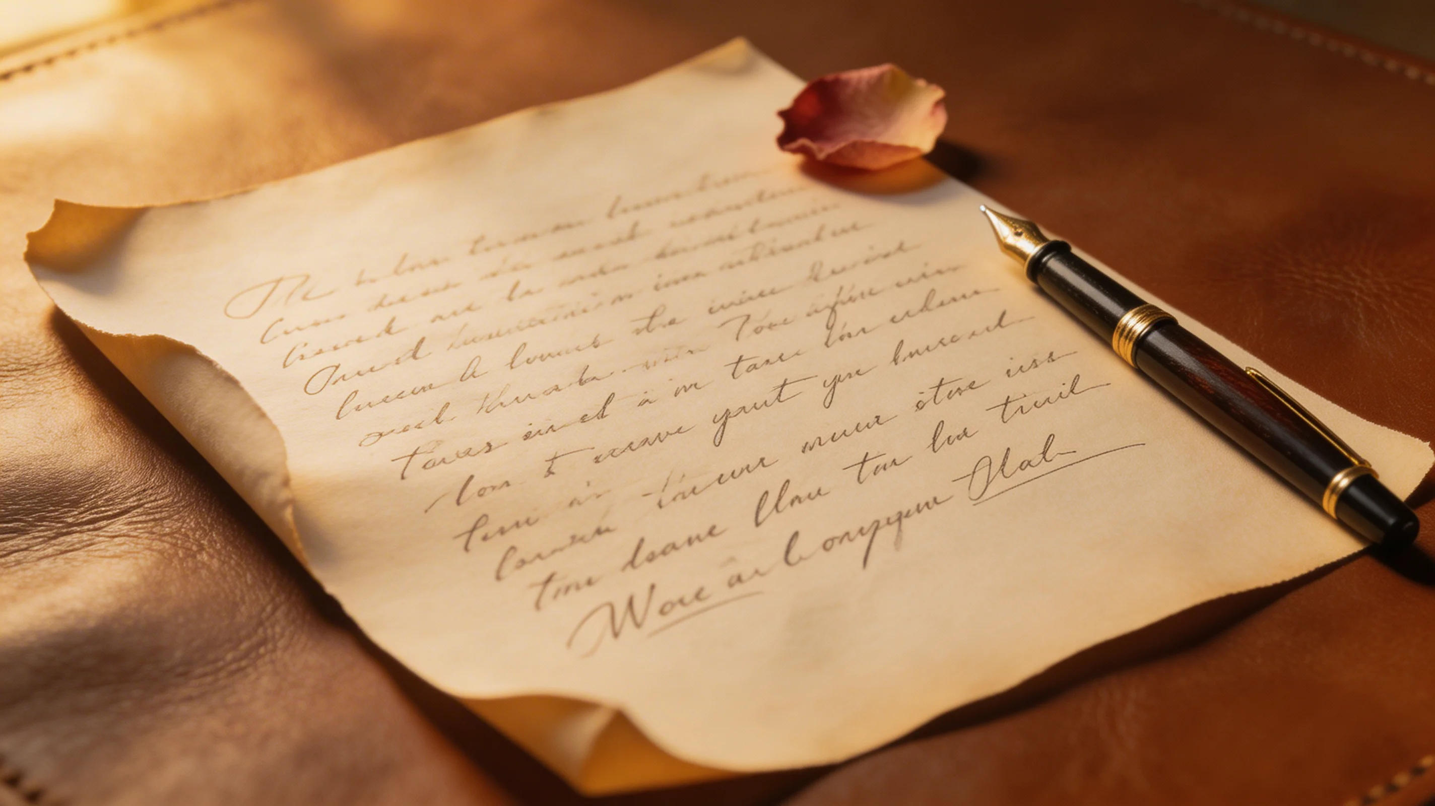 A handwritten love letter on cream parchment with a fountain pen and dried rose petal
