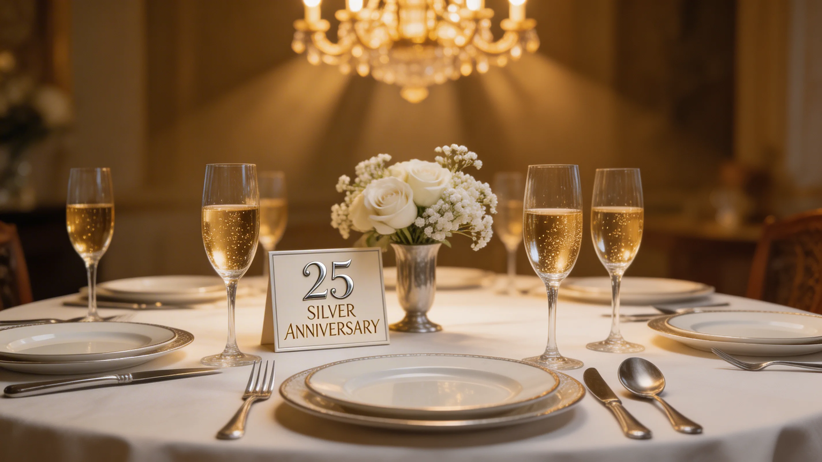 An elegant silver anniversary table with crystal champagne flutes and white roses