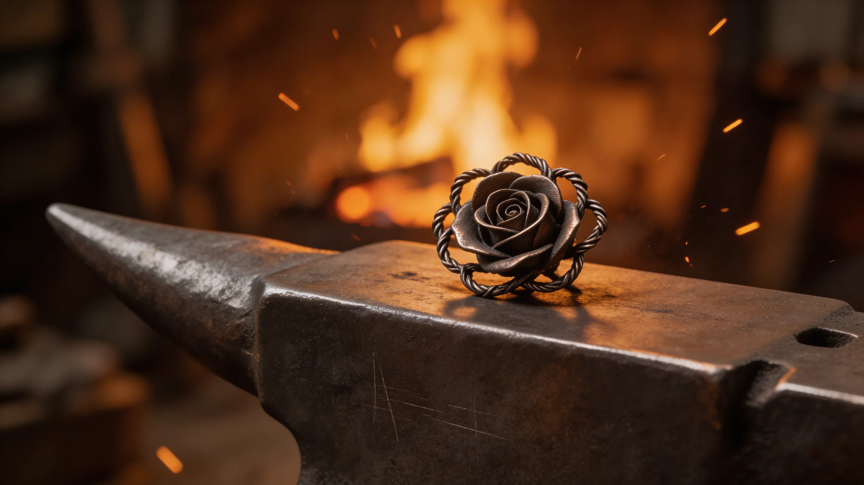 A decorative wrought iron rose on a blacksmith's anvil with warm forge light
