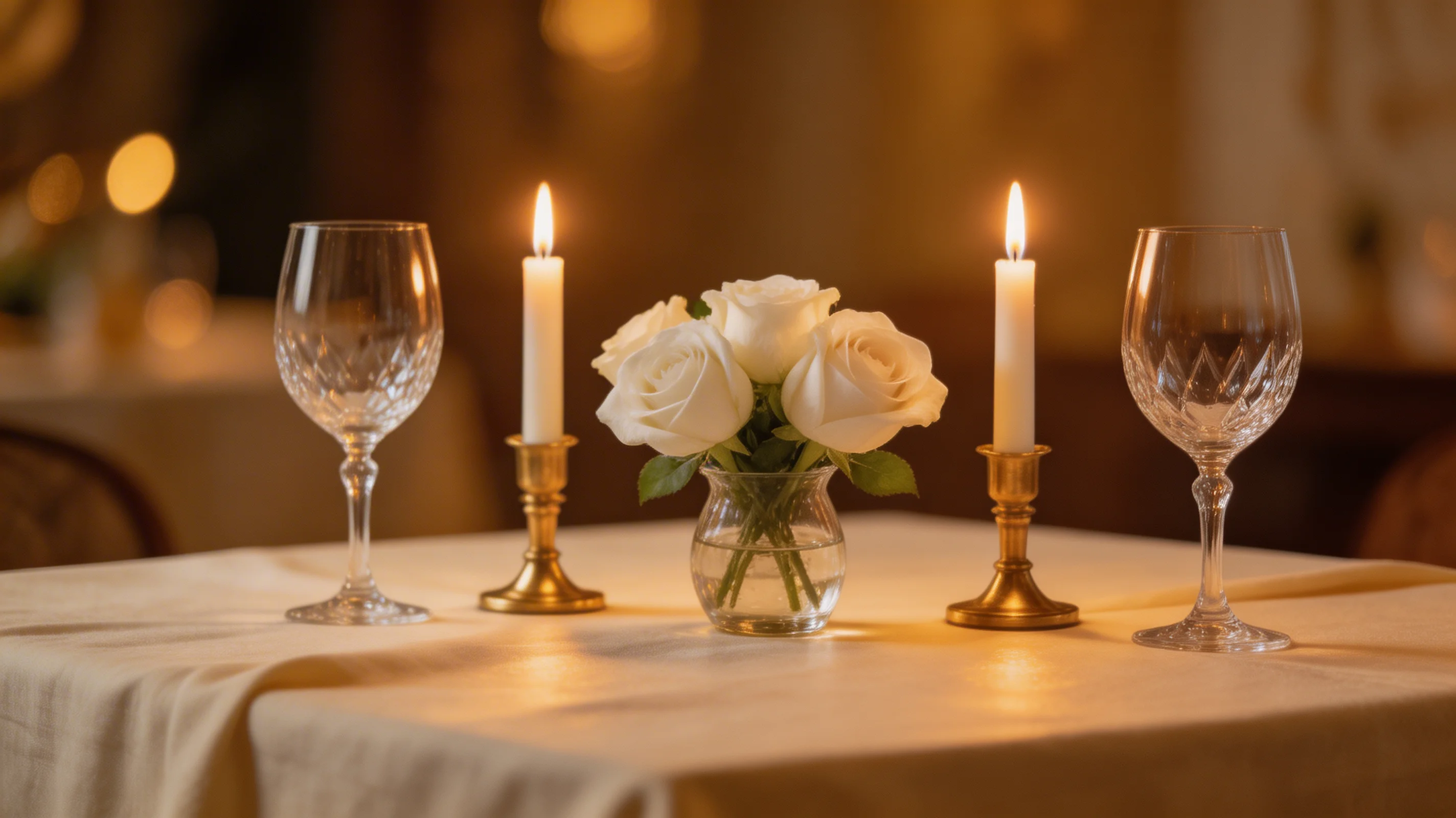 Romantic anniversary dinner table for two with candles and white roses