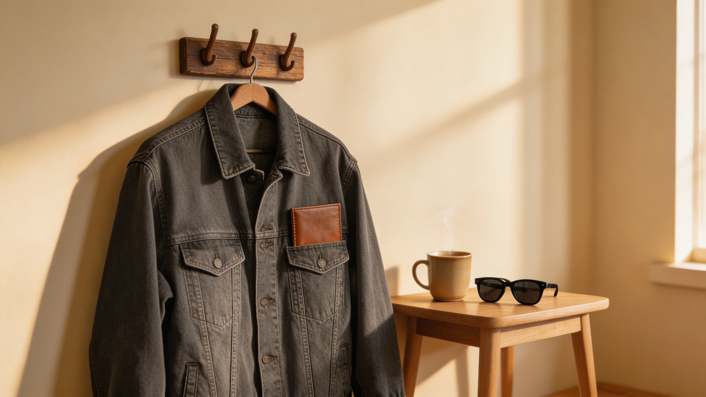A young man's jacket on a coat hook with a leather wallet in the breast pocket