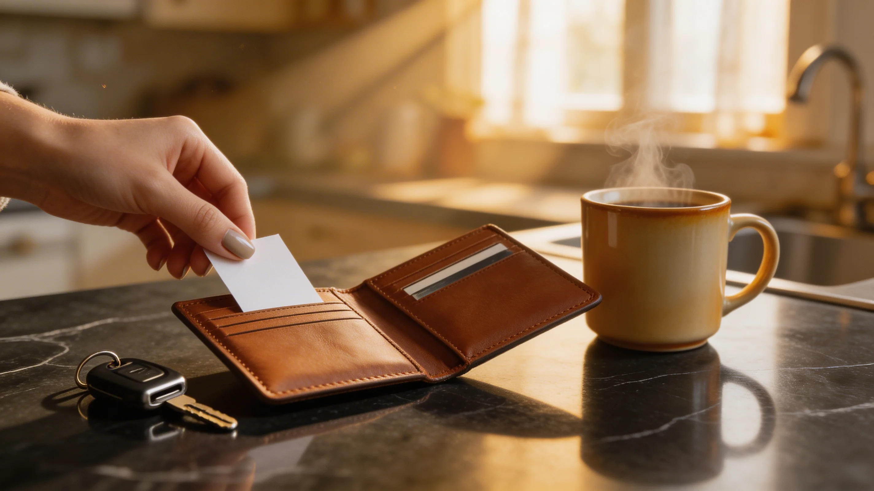 Morning scene — a woman placing something into a leather wallet on a kitchen counter in warm sunlight