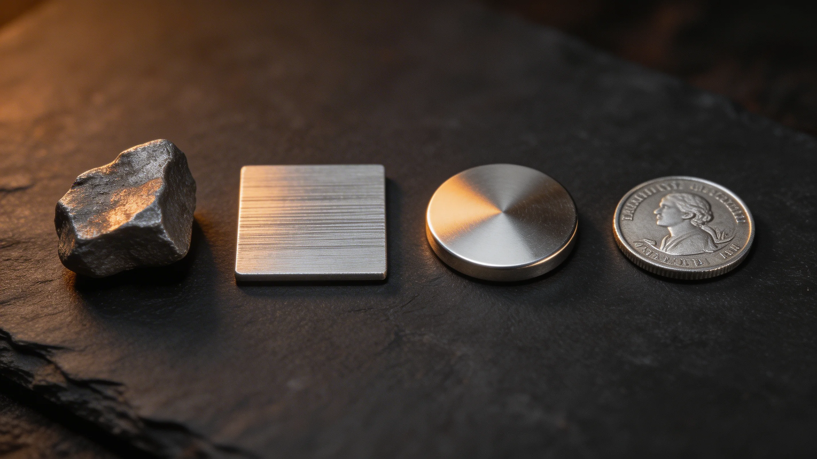 Different metals arranged artistically — iron, aluminum, steel, silver — catching warm light