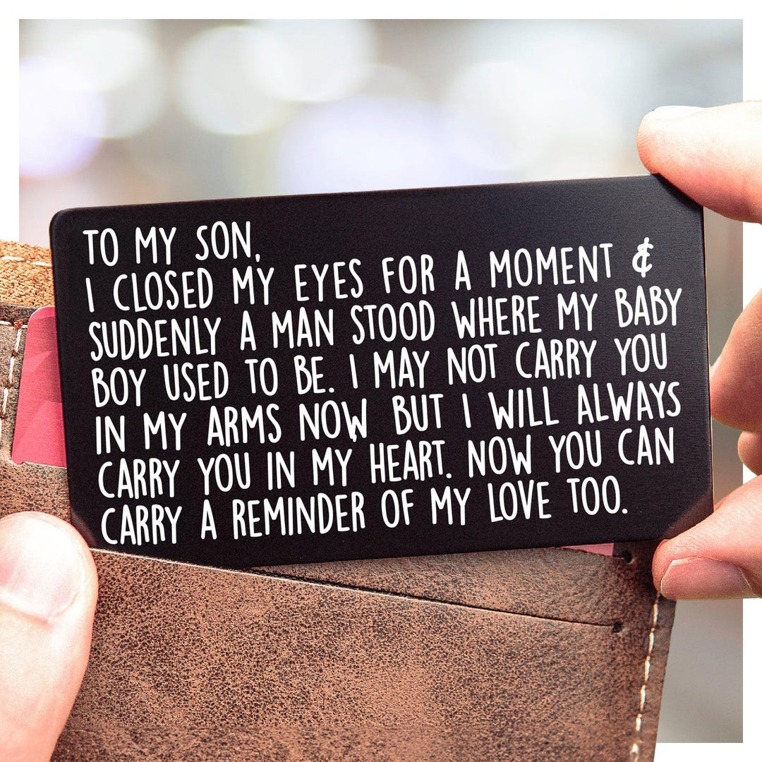 Engraved To My Son wallet card — laser-engraved aluminum keepsake from mom or dad