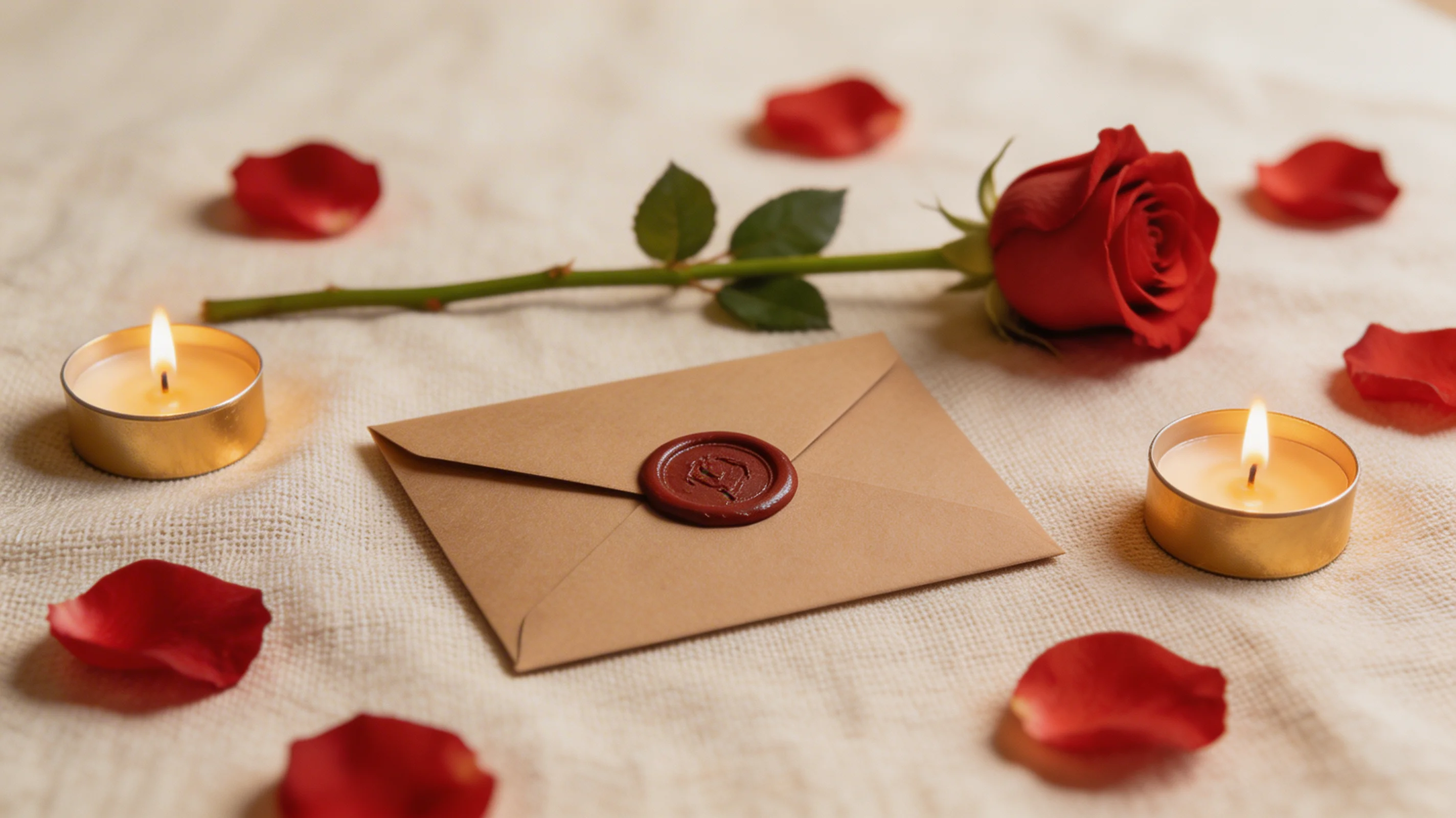 Valentine's Day still life with a wax-sealed envelope, rose petals, and candlelight