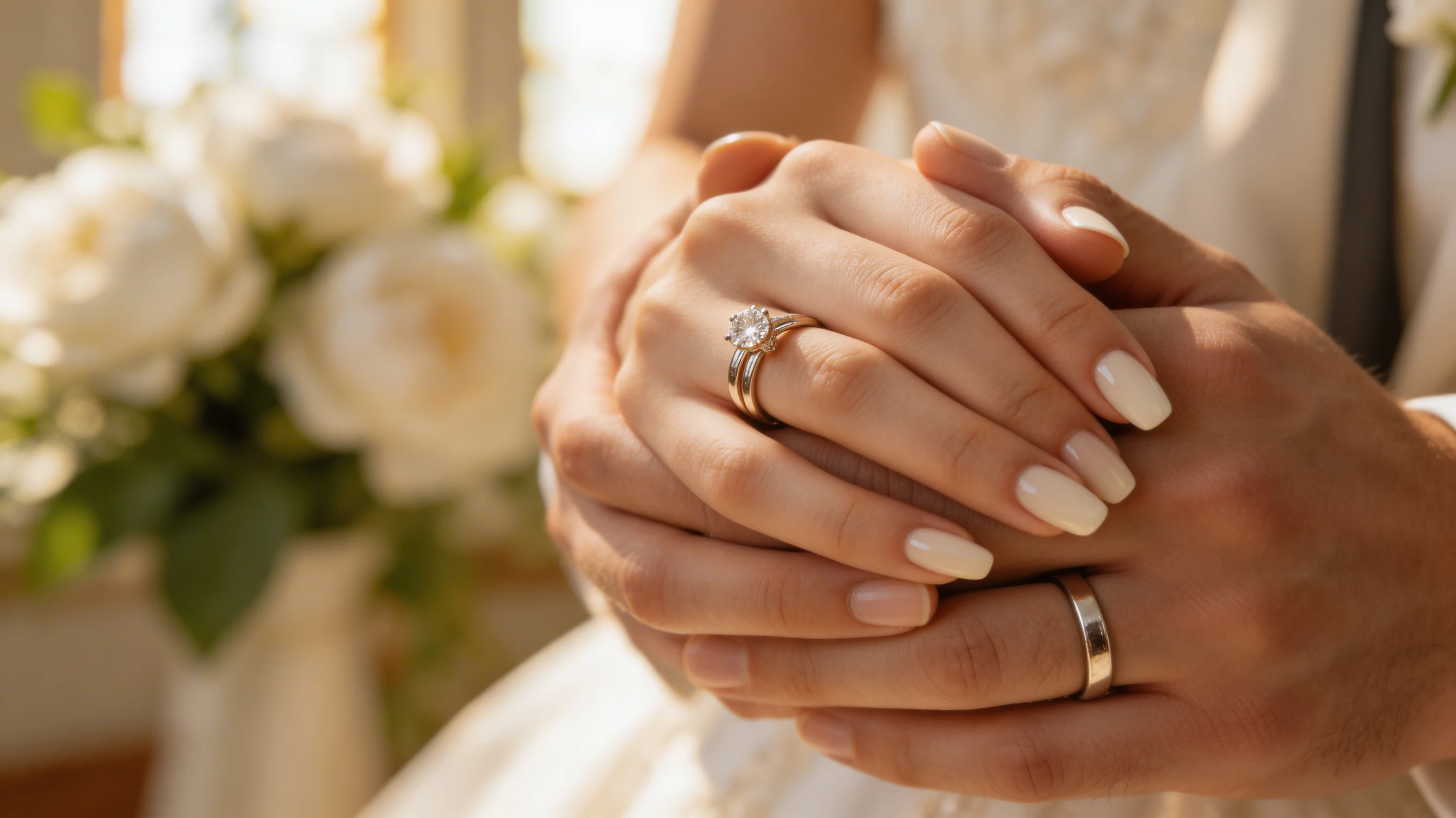 A bride and groom's hands clasped together during a ceremony with soft natural light