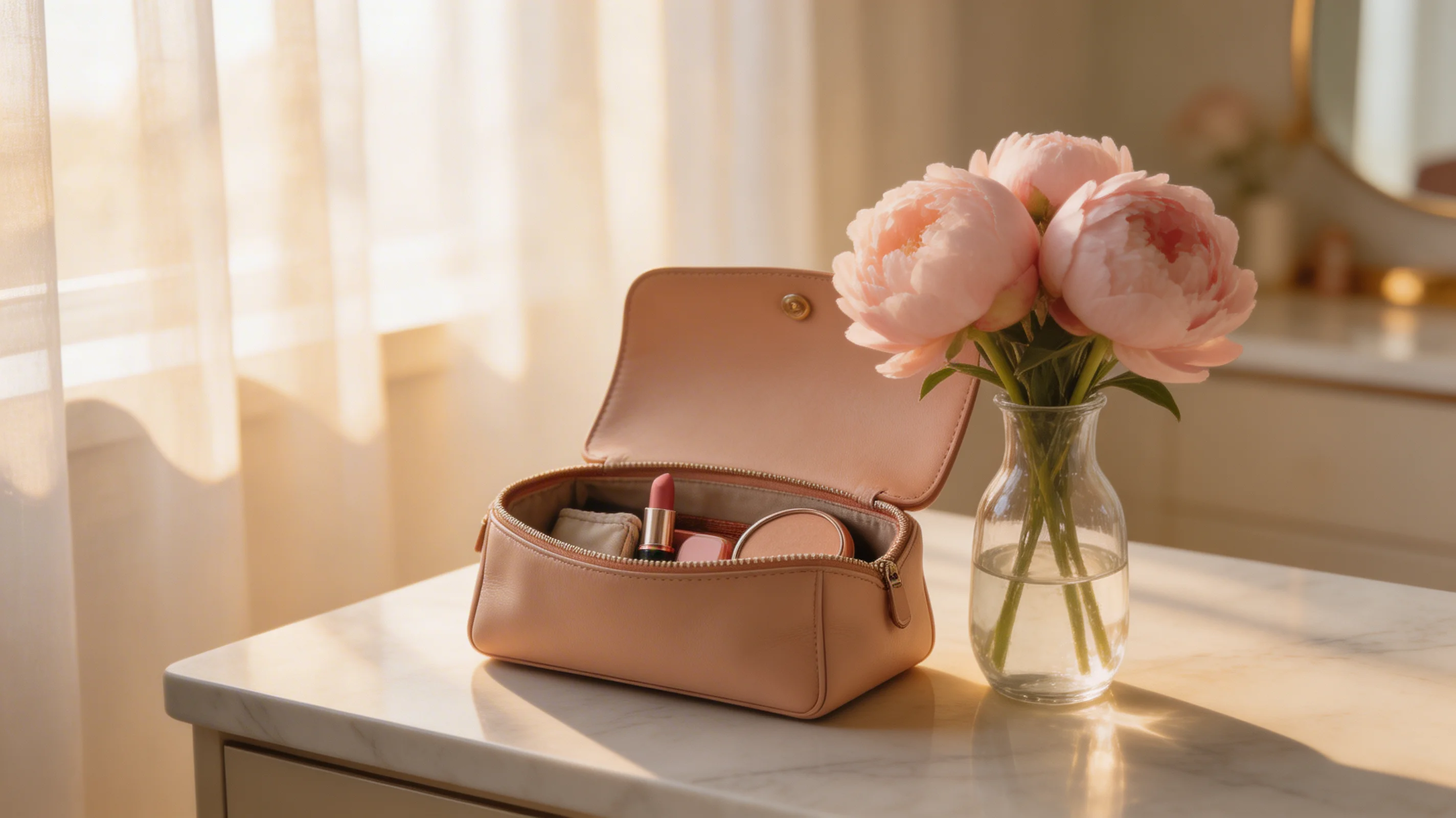 A leather handbag on a sunlit vanity with peonies in soft morning light