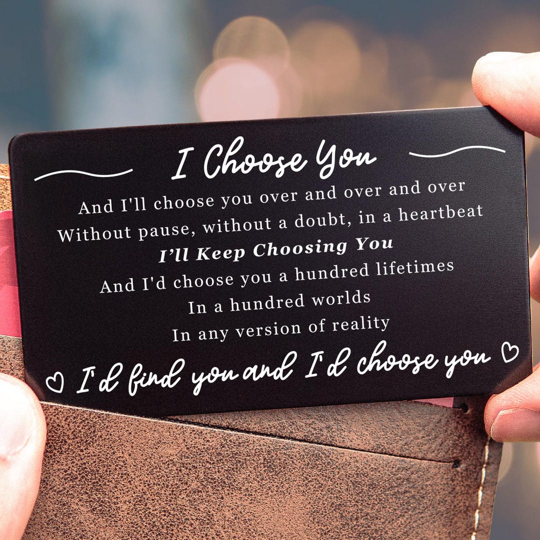I Choose You engraved wallet card — laser-engraved aluminum love note for husband