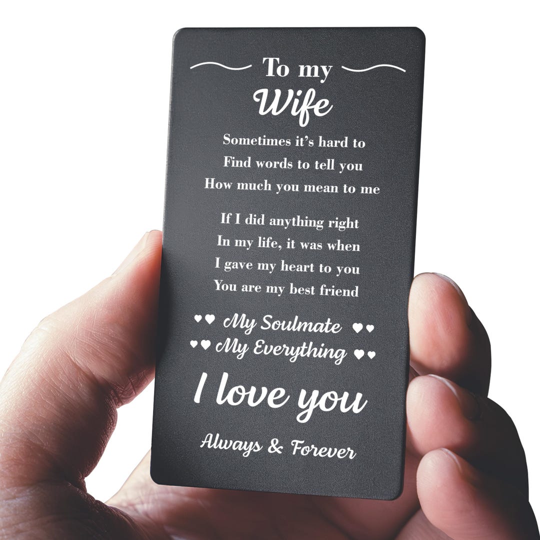 Engraved To My Wife wallet card — laser-engraved aluminum love note for her