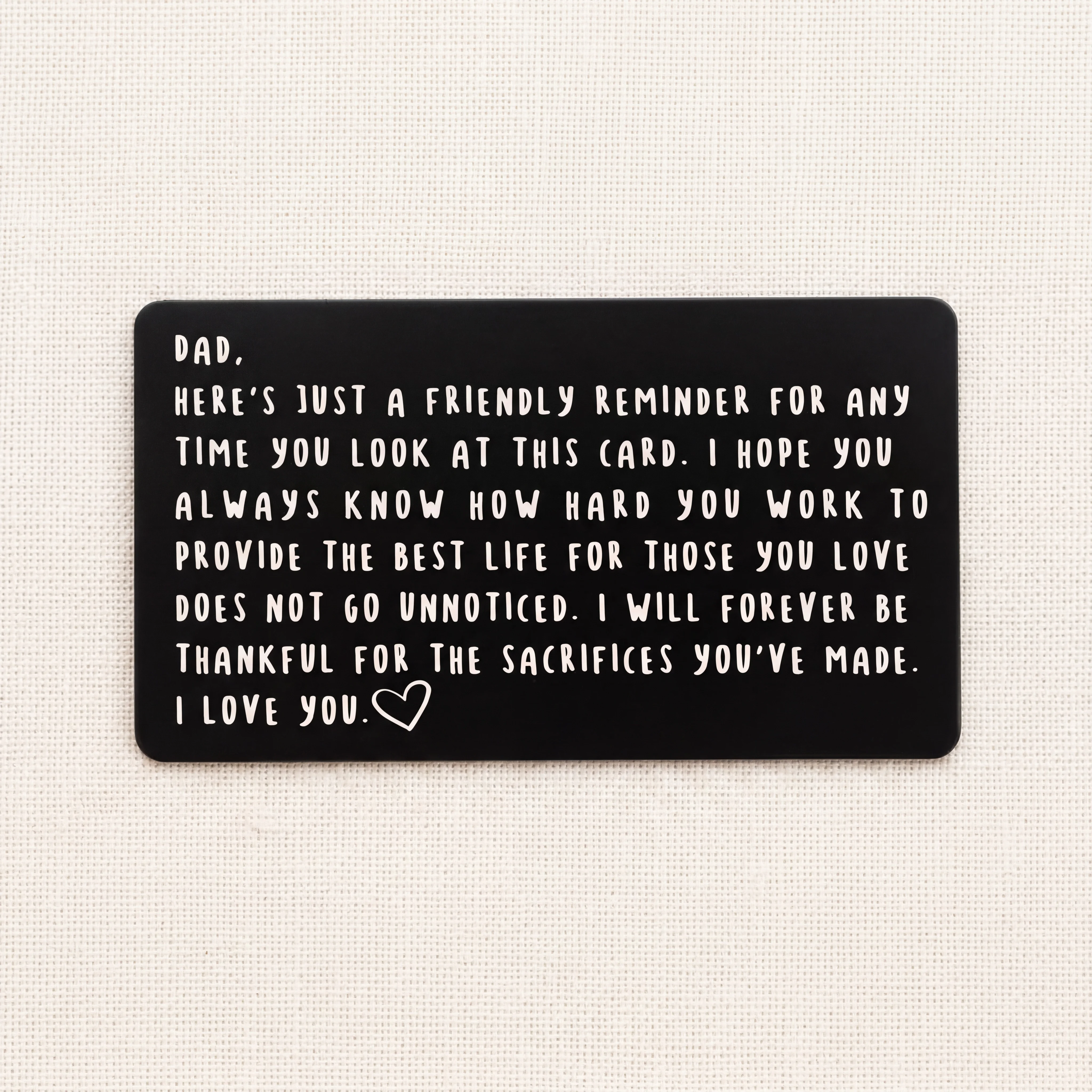 Wallet card with engraved message for husband