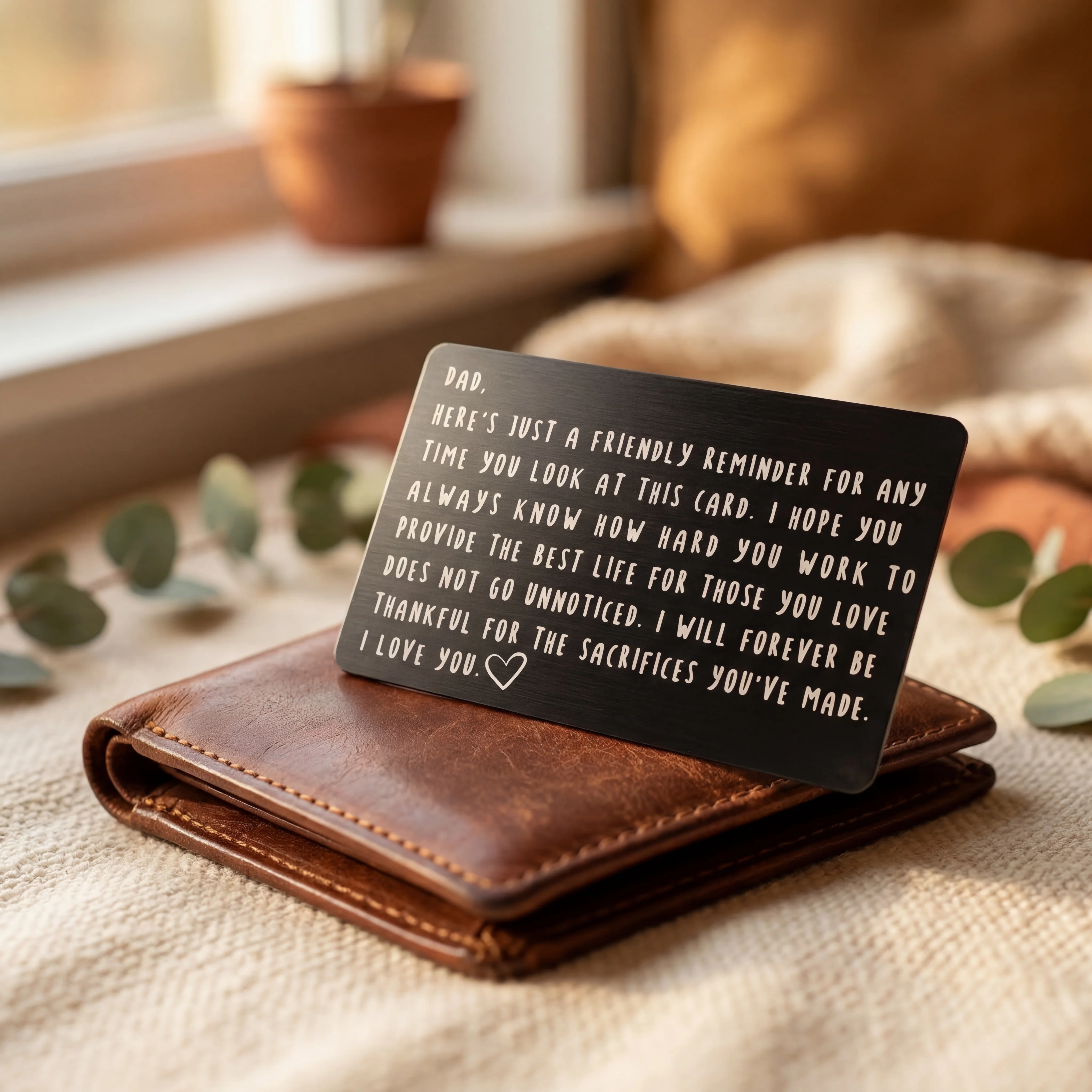 Personalized laser-engraved wallet card with romantic message — anniversary gift for him