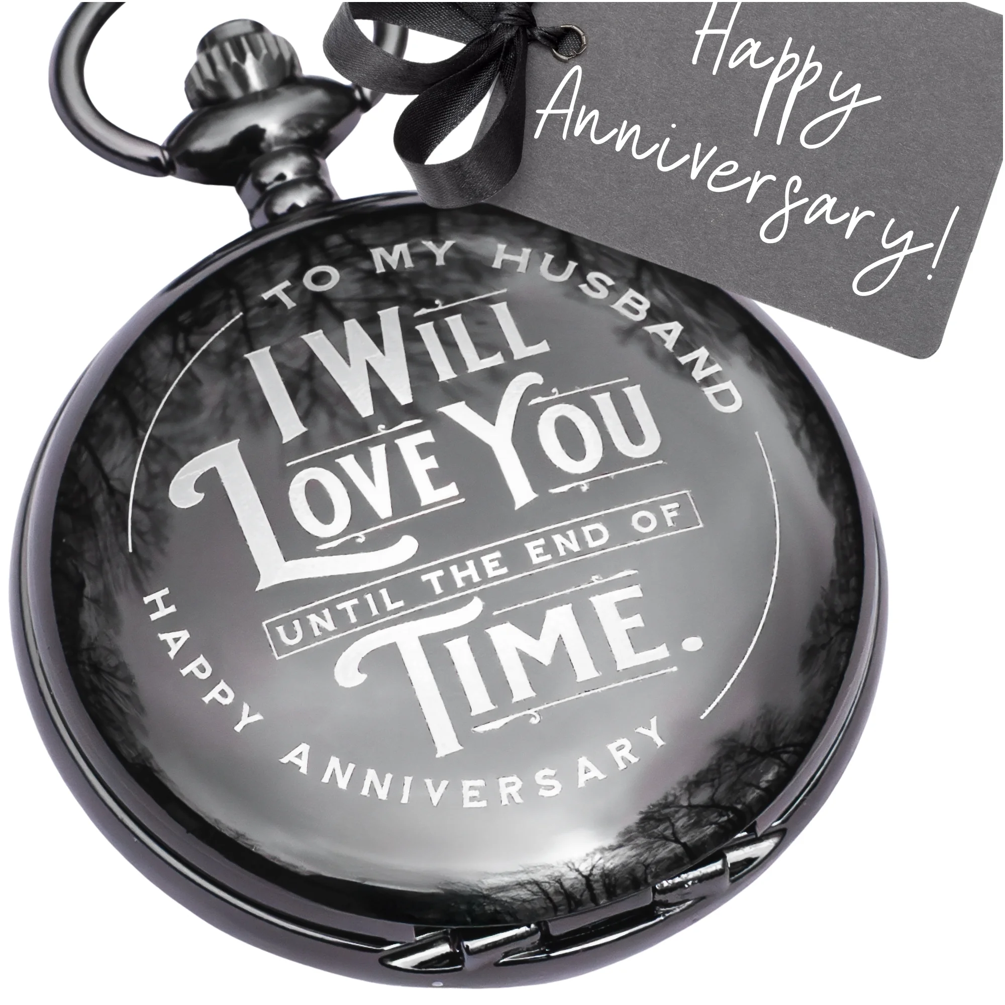 Laser-engraved anniversary pocket watch — personalized gift for husband